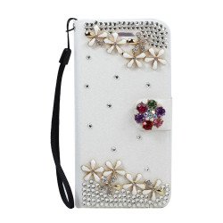 Galaxy S6 Crystal Flip Leather Wallet Case with Strap (Rainbow Flower White)